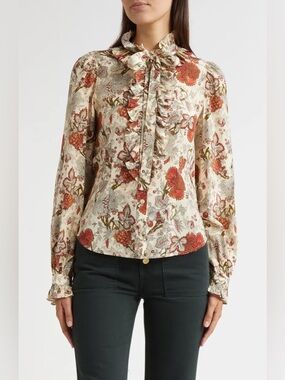 Ulla Johnson Catroux Long Sleeve Floral Ruffle Button Front Tie Silk Blouse Sz 0